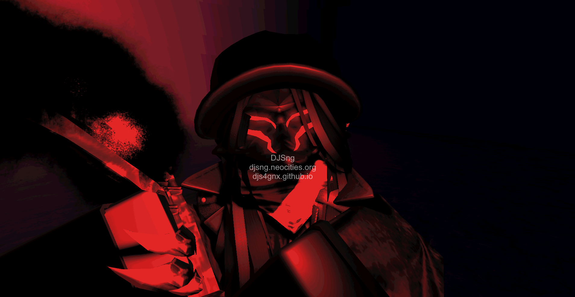 watermarked version of ezred.png. a figure with black wavy hair is standing in a black background with a red shine offset to the left. the figure has no visible face features except for a black mask with a red glow on the front. on the bandana is watermarked, 'djsng, djsng.neocities.org, djs4gnx.github.io'