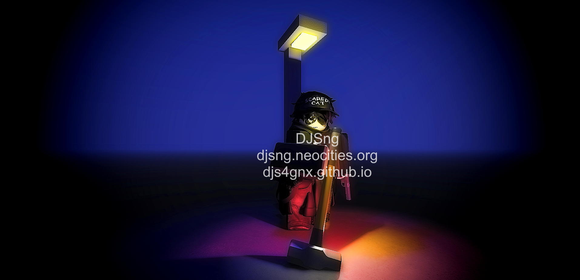 watermarked version of street.png. a figure with black messy hair is standing in a blue background with contrasting colors. the figure a frustrated expression with aviators, the right eye having the glass chipped off. the figure holds an m1911 in their left arm and a sledgehammer in their right, which is dug into the ground. they are also wearing a cap that reads 'scaredy cat'. behind them is a light post, in a semi-faithful old roblox style. on their chest, the image is watermarked, 'djsng, djsng.neocities.org, djs4gnx.github.io'