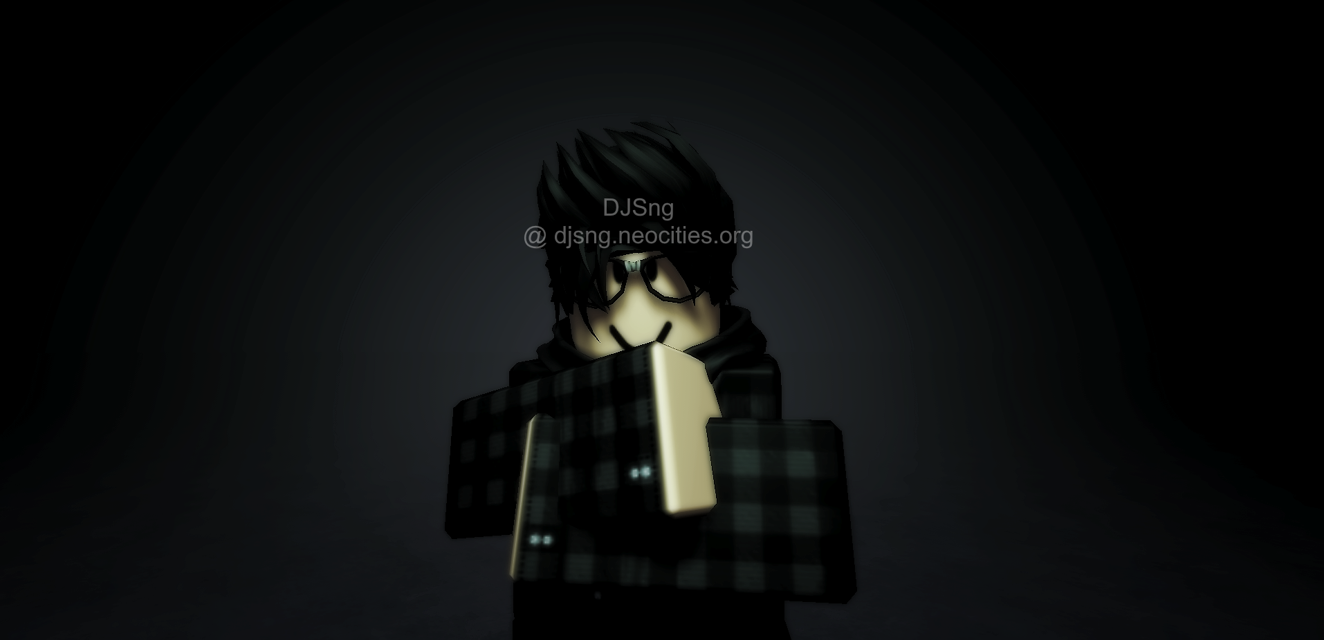 watermarked version of think.png. a figure with a black swoop haircut is standing in a black background with a white shine in the center. the figure has a cartoon smile with glasses. on the hairline the image is watermarked, 'djsng @ djsng.neocities.org'
